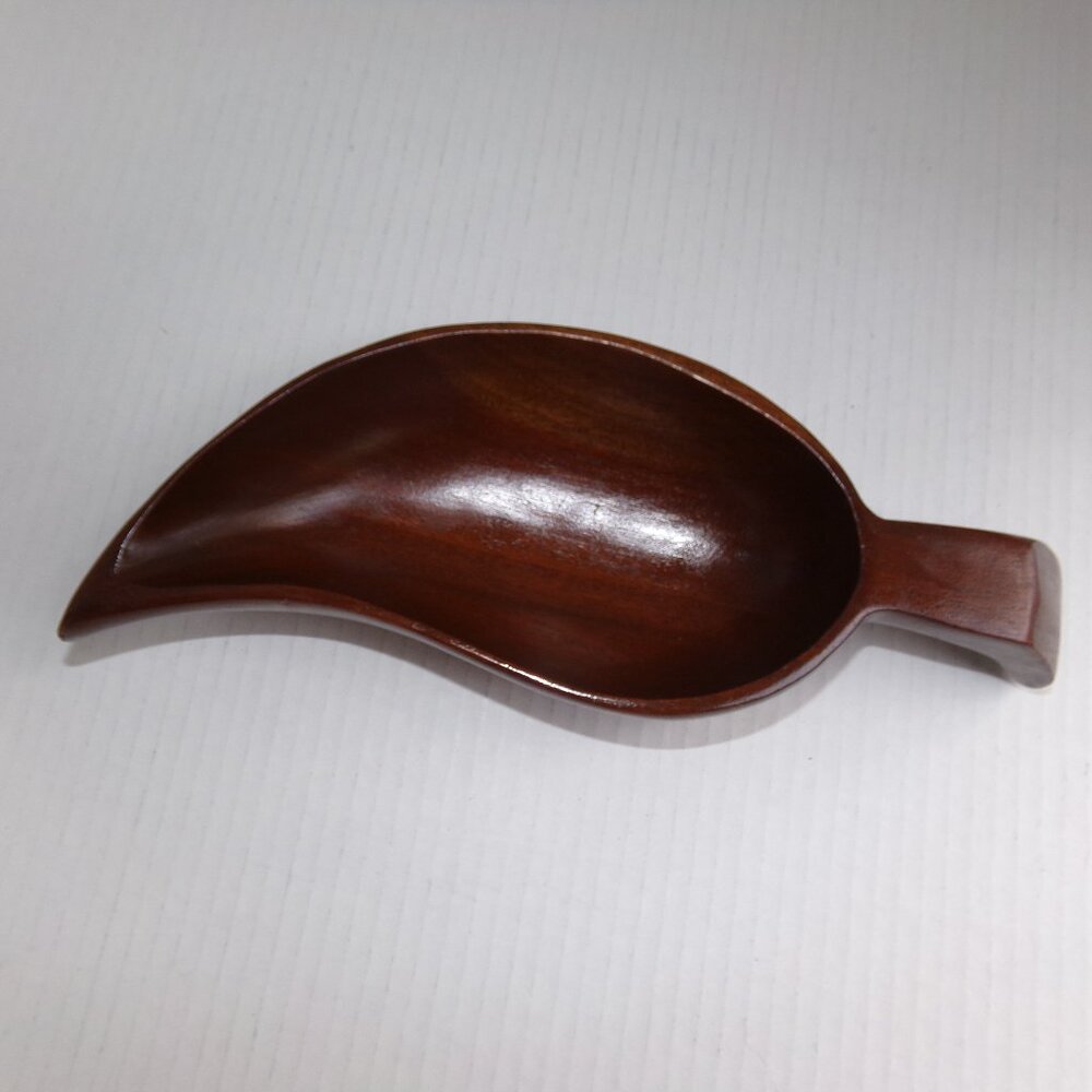 Vintage Rare Lahms Mahogany Hand Carved Wood ScoopLeaf Shaped Dish Bowl Decor